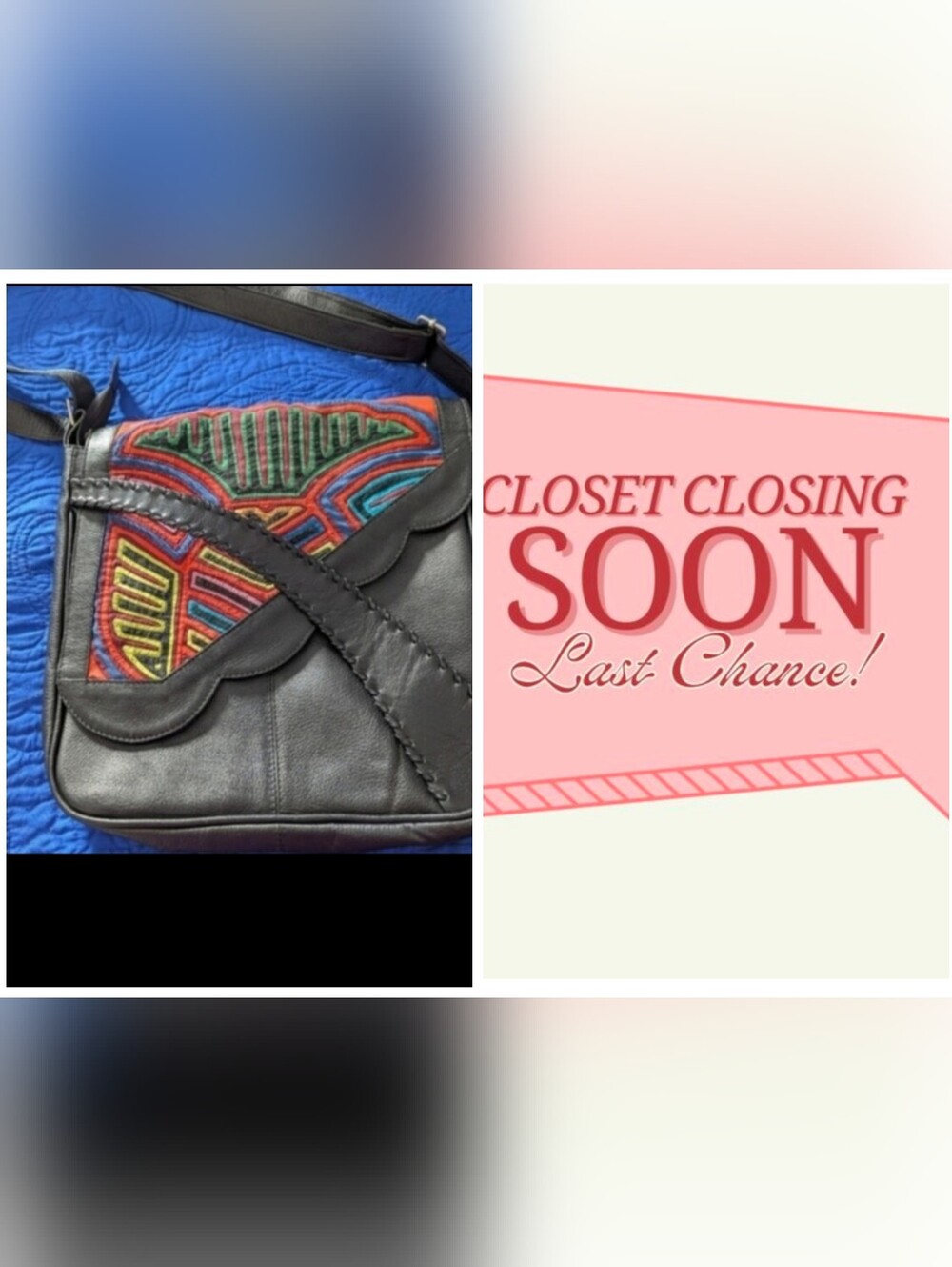 Material: Napa Leather , and Molas Width: 11.5Height: 10.5Strap: Max : 54" in